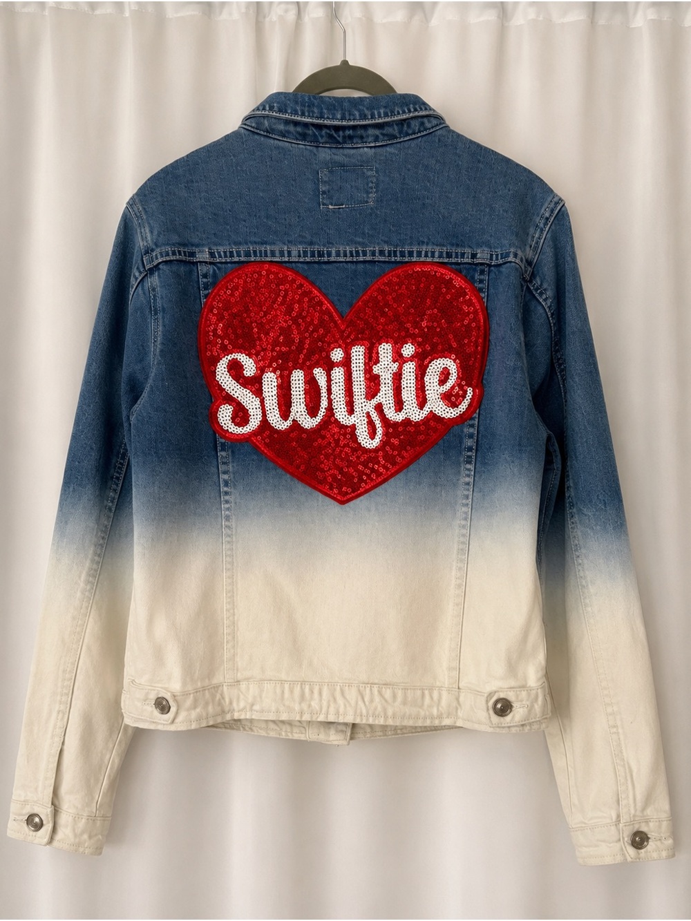 Custom Swiftie Sequin Heart Ombré Denim Jacket Women’s M Blue Cream Red